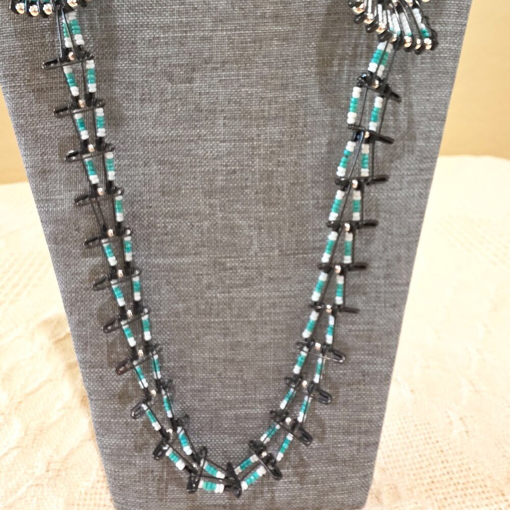 Vintage Squash Blossom Turquoise White Black Handmade Beaded Safety Pin Necklace - Picture 7 of 14